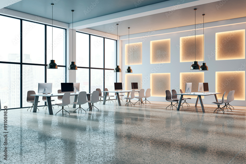 Poster modern bright designer coworking office interior with panoramic windows, city view and designer wall