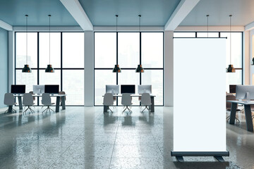 Clean bright designer coworking office interior with empty white mock up banner, panoramic windows, city view and designer wall with illuminated pattern. 3D Rendering.