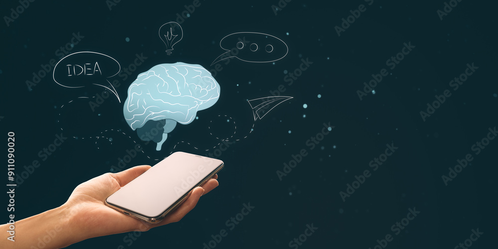 Poster Close up of female hands holding smartphone with creative AI brain on dark background with mock up place. Artificial intelligence and machine learning concept.