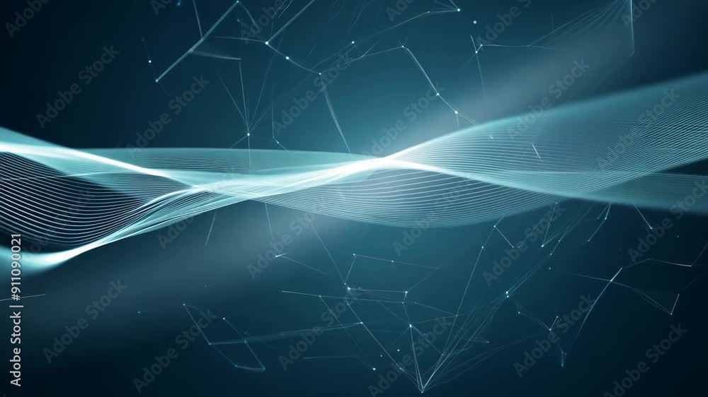 Poster network lines and nodes on a dark background, reminiscent of neural networks or digital communicatio