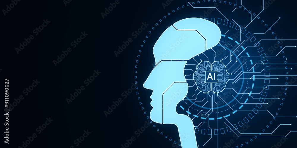 Fototapete Creative AI head outline on dark backdrop with mock up place. Artificial intelligence and machine learning concept. 3D Rendering.