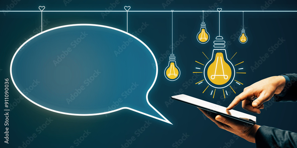 Aufkleber Close up of businessman hands using cellphone with creative digital lamp and mock up speech bubble hologram on dark background with mock up place. Innovation, idea and insight concept.