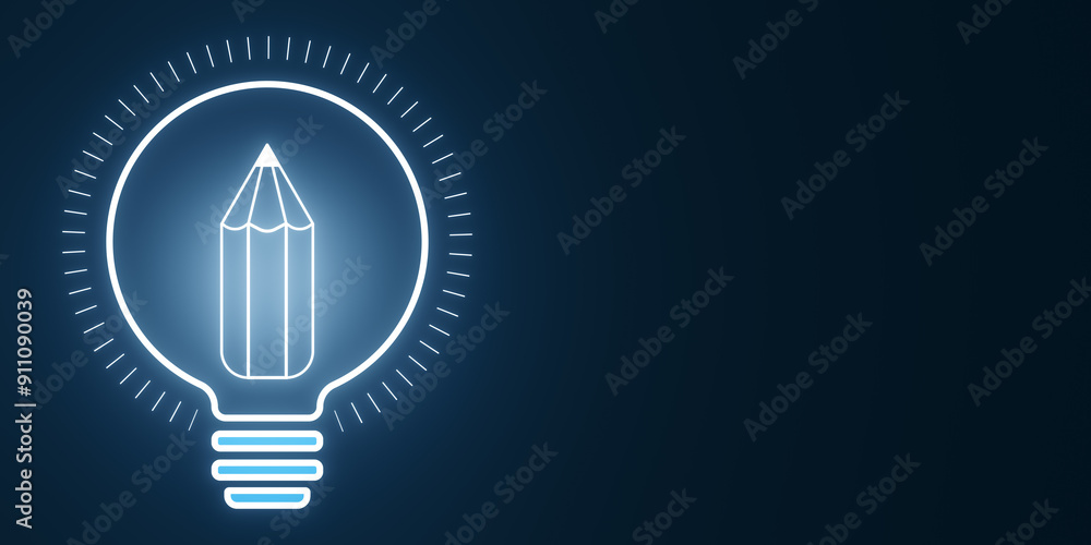 Poster Creative digital lamp with pencil hologram on dark background with mock up place. Innovation, education, idea and insight concept. 3D Rendering.