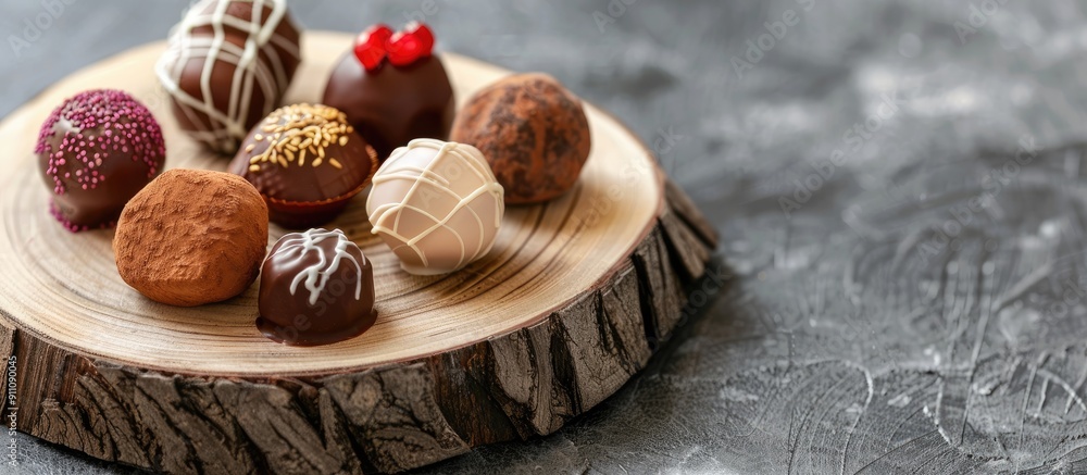 Poster wooden disk with sweet truffles in various flavors on gray background with copy space image