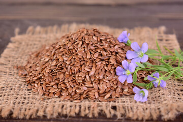 Flax seeds and flax flowers on a textured napkin.Close-up.
