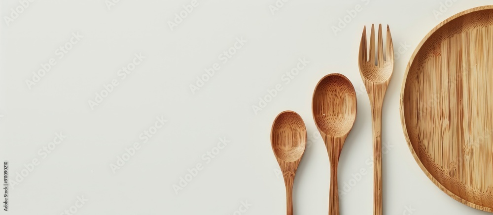 Poster this image features a wooden spoon fork and plate on a white backdrop ideal for food related content