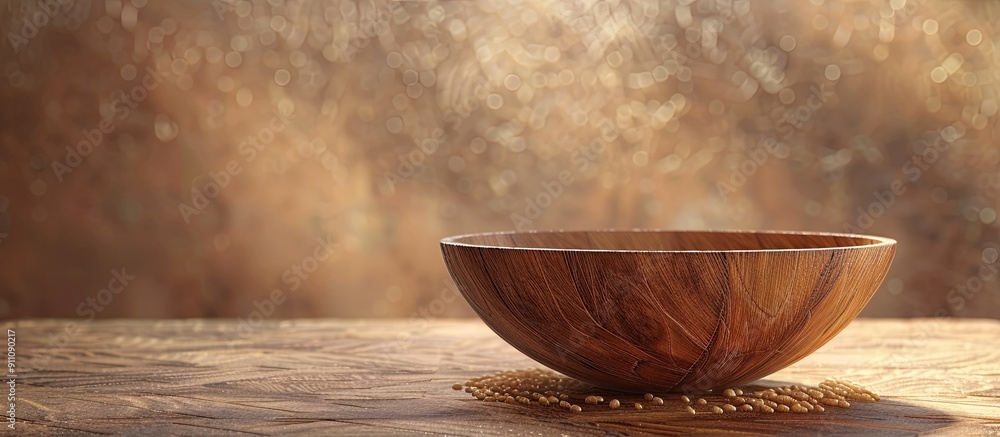 Poster side view of an empty brown wooden bowl on a background of the same material featuring ample copy sp