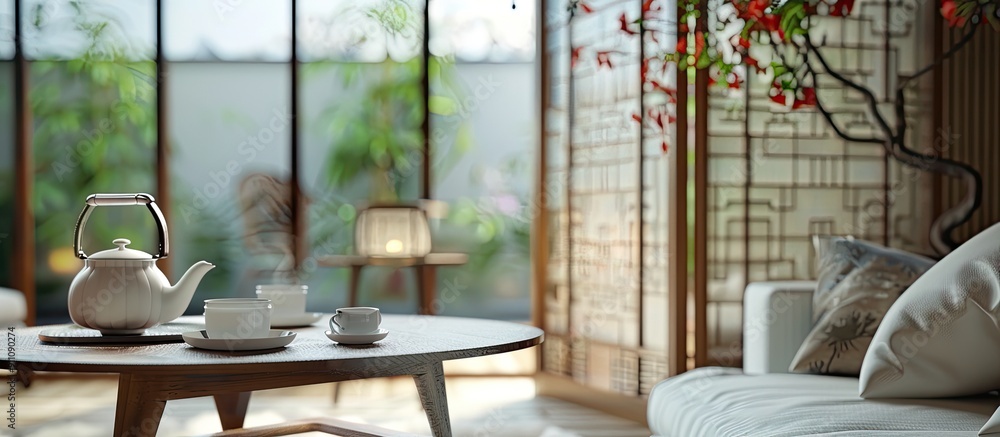 Sticker Indoor scene featuring teapot cup table sofa and folding screen with ample copy space image