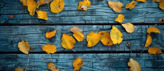 Nature themed background featuring yellow autumn leaves resting on a wooden surface ideal for adding textual content or graphics Copy space image