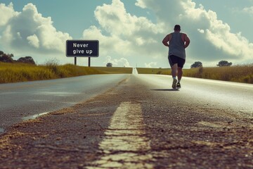 Overweight Man Running Past Inspirational Billboard