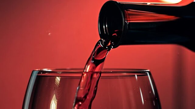 A dark bottle tilts as deep red wine flows gracefully into a clear glass, creating an inviting atmosphere for evening relaxation