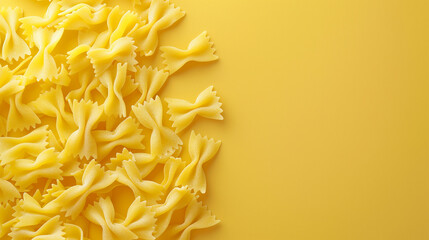 Raw bowtie pasta scattered on a yellow background, flat lay composition. Italian cuisine and cooking ingredients concept