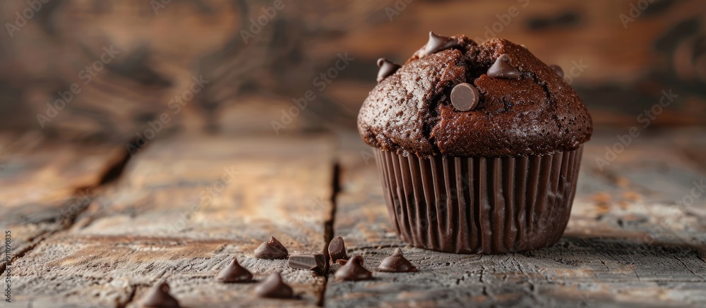 Poster chocolate muffin on rustic table with copy space image for food background