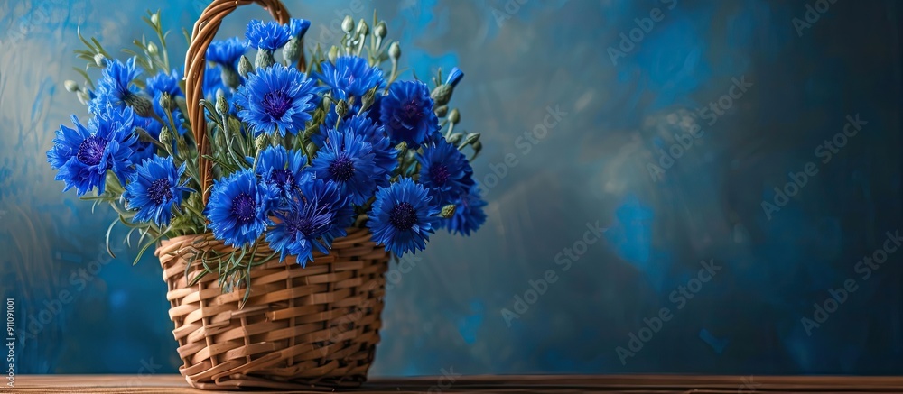 Poster blue cornflower bouquet in a rustic basket representing summer on a greeting card with room for text