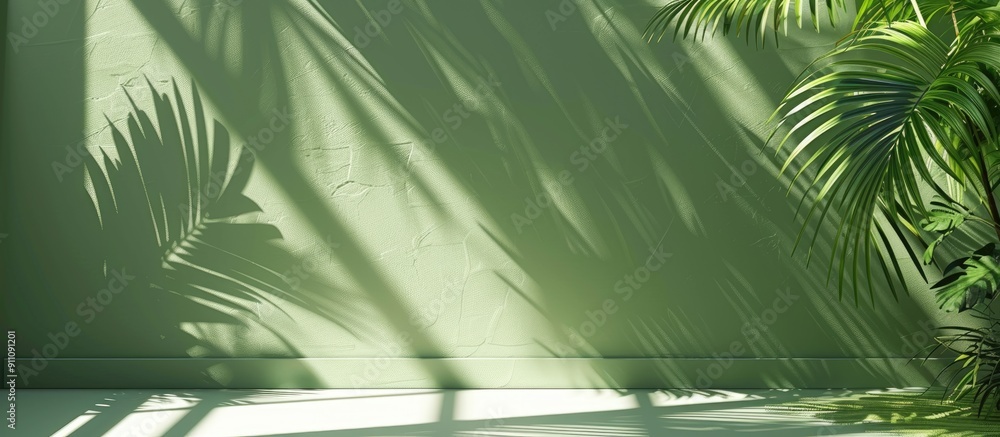 Poster showcase products with a studio backdrop featuring a green wall and shadowed leaves from a window pr