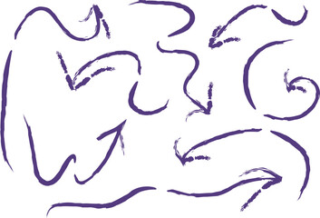 Vector collection of purple colored arrows drawn with paint