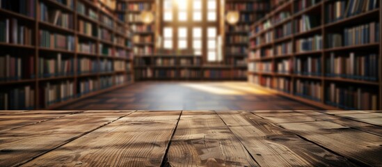 Wooden table surface with a blurred university library backdrop offering a clear area to display products with a captivating book filled setting for a copy space image