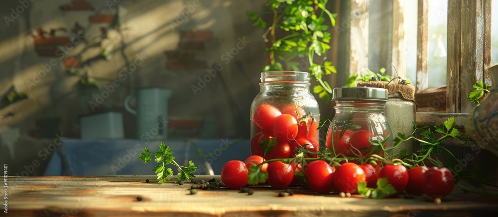Poster table setting with canned whole peeled tomatoes parsley and juice providing space for additional ima