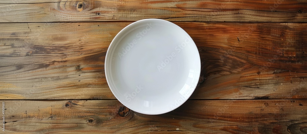 Poster bird s eye view of an empty white plate on a wooden table with copy space image