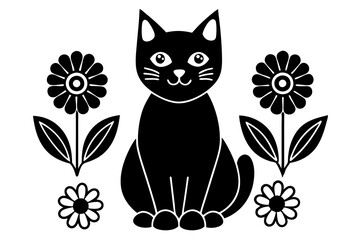 Cat in the Flower Garden Vector Silhouette