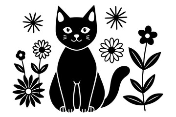 Cat in the Flower Garden Vector Silhouette