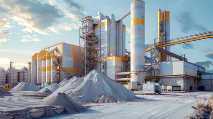 Obraz premium modern cement factory with white and yellow color, large piles of gray sand next to it
