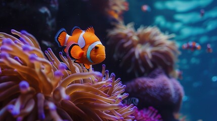 clown fish on an anemone underwater reef in the tropical ocean 