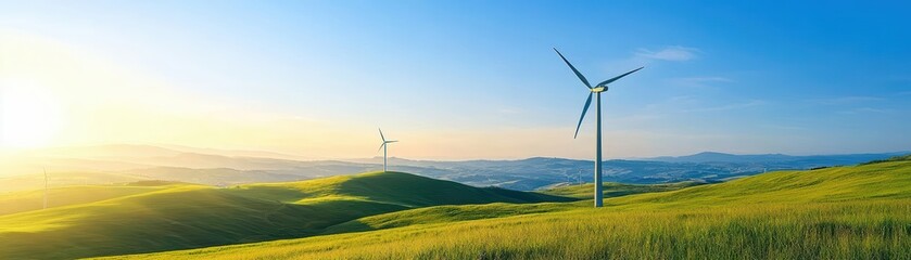 Obraz premium A wind farm with towering turbines spinning gracefully under a clear blue sky, set against rolling green hills