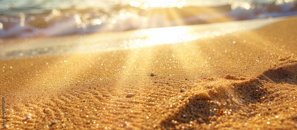 Wall mural Beach sand texture with sun rays on a background with copy space image