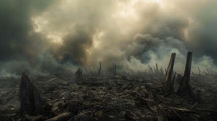 Devastated Landscape with Burned Tree Stumps and Smoke