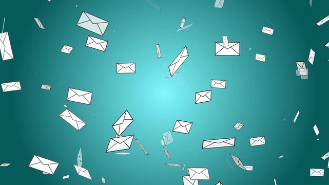 Letter mail postal envelope floating falling disappear 3D animation on gradient background stationary visual delivery digital design abstract dynamic colour turquoise cyan