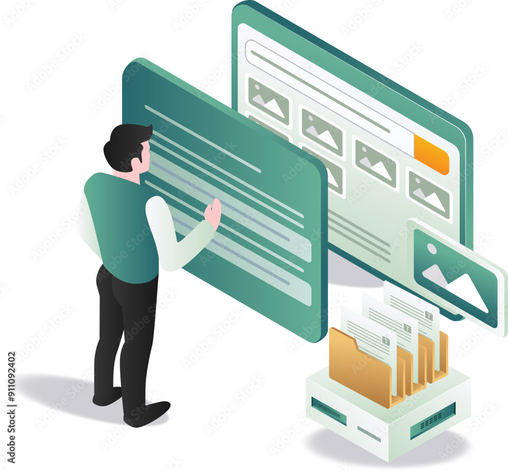 Poster a man next to a computer and file cabinet, overseeing the organization of personal data and password