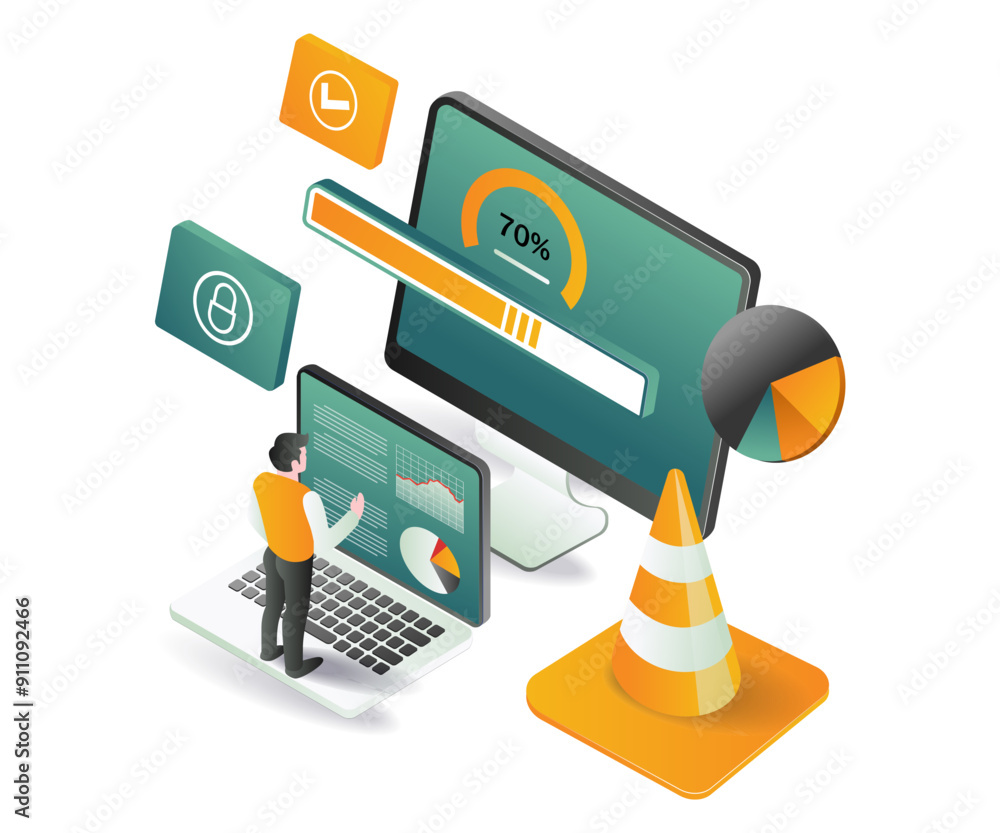 Poster a man repairing computer technology while looking at a screen with traffic cones