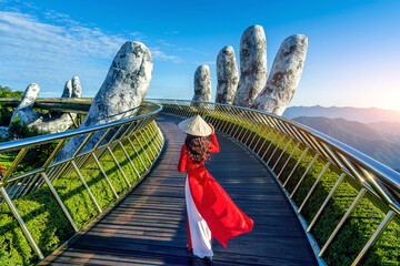 Tourist walking at Golden bridge in Bana hills, Da nang, Vietnam.