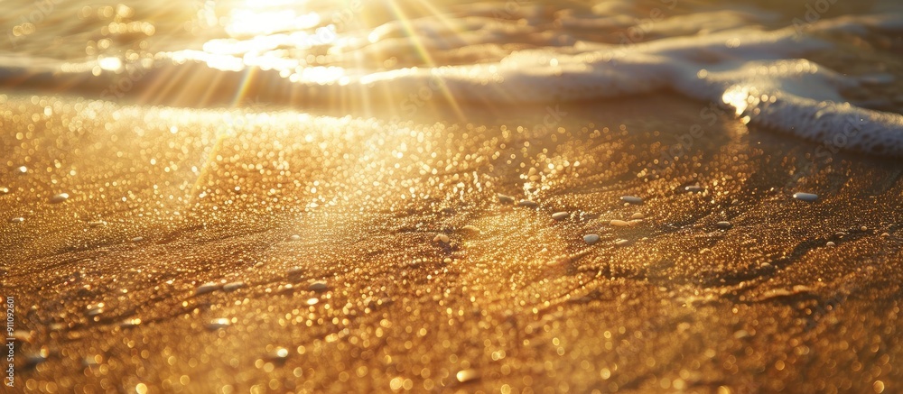 Poster beach sand texture with sun rays on a background with copy space image
