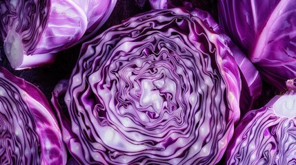Obraz premium Vibrant Close-Up Image of Freshly Cut Purple Cabbage Showcasing Detailed Textures and Patterns