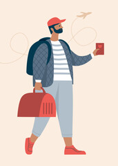 Traveling with Pets. Young man character holding pet carrier and vet passport. Flat vector illustration.