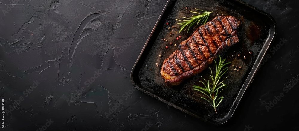 Sticker Top view of grilled Wagyu Striploin beef steak served on a steel tray against a black backdrop with ample copy space image