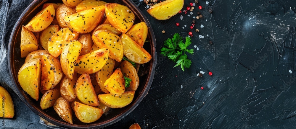 Poster crispy potatoes cooked in seasoned oil against a dark backdrop seen from above with room for text or