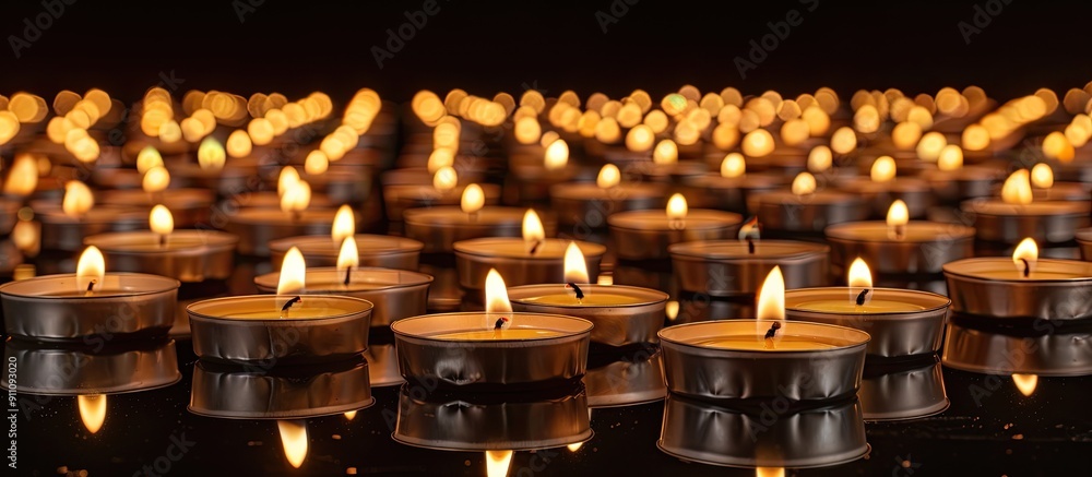 Poster close up view of numerous burning tealight candles against a black backdrop with ample copy space im