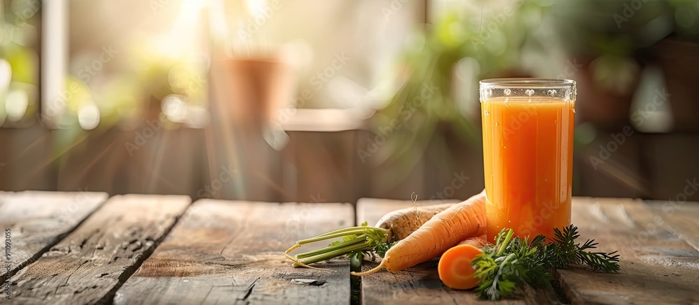 Poster glass of fresh juice and a carrot on a wooden table with copy space image