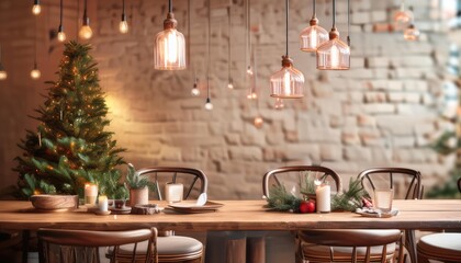 Minimal luxury Christmas decor in a retro cafe, subtle holiday elegance, vintage furnishings, warm...