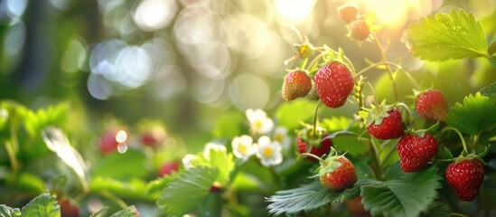 Obraz premium Strawberry bush with blooming flowers in a sunny forest setting with a blurred background Selective focus on the flower Copy space image