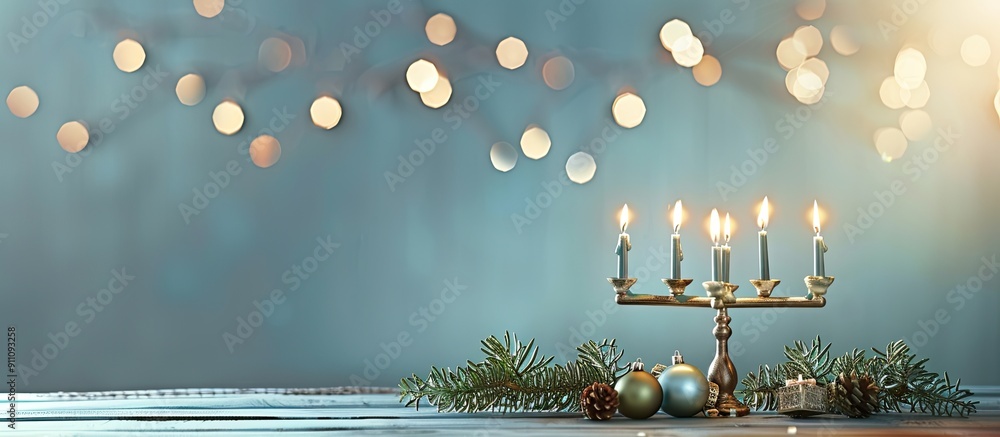 Poster table arranged with hanukkah decorations on a light blue backdrop with copy space image