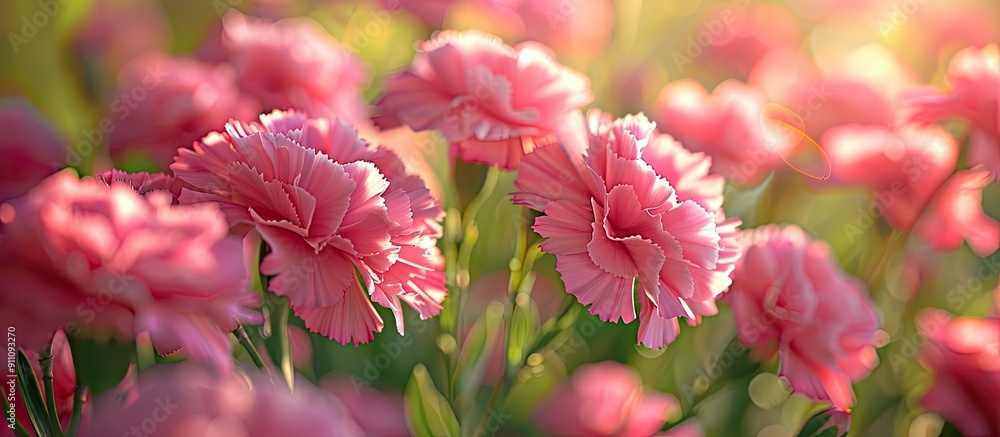 Poster close up of pink carnations in a garden setting with copy space image