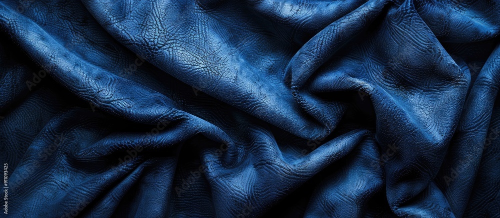 Poster close up image focusing on a macro shot of a blue suede leather texture with an embossed pattern sui