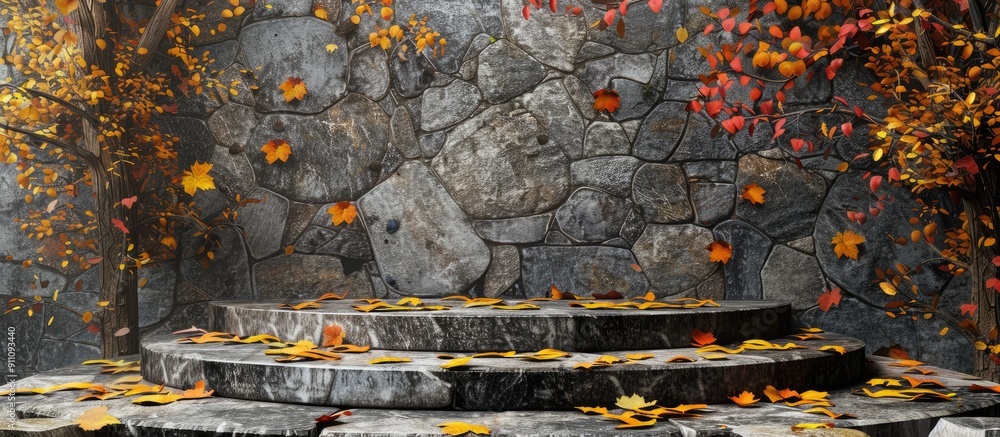 Poster podium made of natural stones set against a fall themed backdrop perfect for adding text or graphics