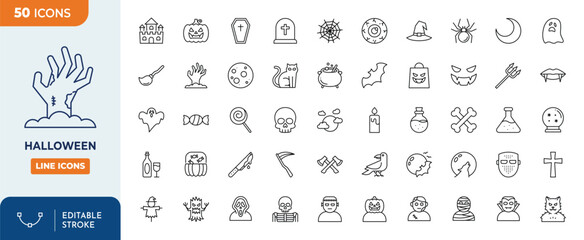 Halloween Line Editable Icons set. Contain icons related to monster such as angle of death, Dracula, bat, ghost, black cat, candy, wolf, skull and more.  Editable stroke. Vector illustration	