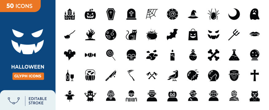 Halloween Glyph Editable Icons set. Contain icons related to monster such as angle of death, Dracula, bat, ghost, black cat, candy, wolf, skull and more.  Editable stroke. Vector illustration	