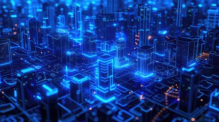 Obraz premium Futuristic cityscape with glowing blue lights representing a modern digital urban environment. Ideal for technology and innovation themes.